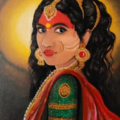 The completed acrylic painting of Maa Durga, rich in color and detail. I paid special attention to the textures of her saree, the gleam of her golden ornaments, and her powerful, compassionate gaze.