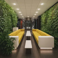 We design lobbies that are destinations in themselves. The vibrant living walls in this waiting area converge with sleek design to create a space that is both welcoming and impressive.