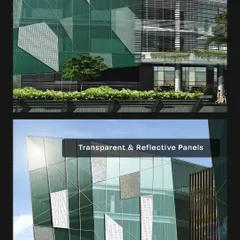 A detail shot of the facade, illustrating the interplay between transparent and reflective glass panels. This combination creates a visually complex surface that changes its appearance throughout the day.
