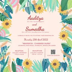 This is the final wedding invitation from a series featuring a bright, cheerful theme. The design is framed with lush tropical leaves and vibrant sunflowers, creating a fresh and celebratory feel. It also includes a handy QR code for guests to easily find the venue location.