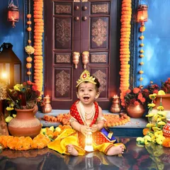 I create elaborate, culturally rich setups like this beautiful Krishna theme for Janmashtami. Every detail, from the lighting and marigolds to the traditional attire, is carefully planned to create a divine and memorable portrait.