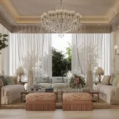 Where form meets heritage, and every detail is deliberate. This drawing room is a study in calm, cultivated opulence, featuring intricate ceiling cornices, classical columns, and layered seating arrangements designed to welcome, gather, and resonate.