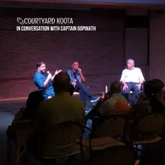 A packed house listens intently during our evening with Captain Gopinath, the pioneer of low cost aviation in India. He shared incredible insights from his journey, discussing everything from his time in the army to revolutionizing air travel for the common person.