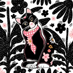 Petals and purrs make the perfect pattern. This design features a sweet black cat surrounded by stylized flowers, ideal for fabric, wallpaper, or other surface designs.