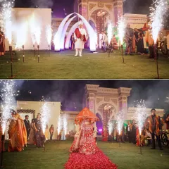 A spectacular entry for the bride and groom, walking on a path of rose petals flanked by fireworks.