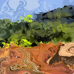 This 'DelicScape' variation focuses on the earthy tones and textures of the landscape. The swirling brown and orange patterns dominate the foreground, giving the piece a grounded yet fluid and abstract quality.