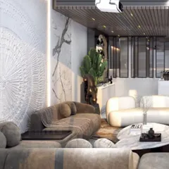 This lounge area in Kirti Nagar is designed for cinematic experiences, with a ceiling-mounted projector and a large, retractable screen. The space features a massive, textured art piece and comfortable, modern seating.