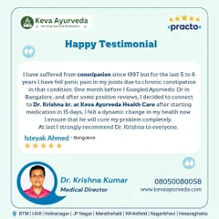 This patient found relief from chronic constipation and associated joint pain after consulting with Dr. Krishna. Their testimonial speaks to the dynamic change in health that is possible with consistent Ayurvedic treatment.
