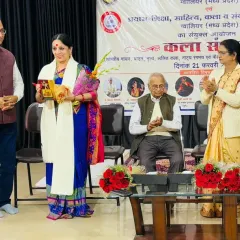 I was deeply honored to be invited to the inaugural 'Kala Sangam' function at Raja Mansingh Tomar's Sangeeth evam Kala Vidyalaya in Gwalior. Here I am being felicitated by the university's esteemed members.