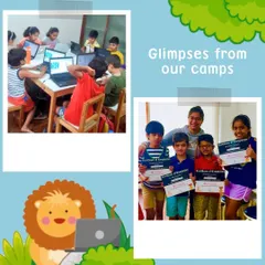 This collage shows glimpses from our camps, featuring a busy classroom of young learners and a group of proud students showing off their completion certificates with an instructor.