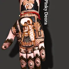 A classic Karwa Chauth design capturing the intimate moment of a couple under the moon. The details, from the woman's lehenga to the man's embrace, tell a story of love and togetherness.