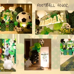 A collage from a football-themed birthday party, showing the green and black decor, a giant inflatable football, a Messi cutout, and a custom light-up name sign.