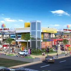 A digital render of 'Ayur Mall' showing our plan to create a lively commercial plaza. The design prioritizes natural ventilation and a tensile fabric roof to reduce operational costs and create a pleasant atmosphere for shoppers.