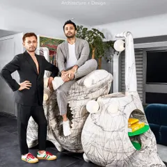 Here I am with a client on the Monster Console we designed exclusively for his home. It takes a lot of courage to embrace a design that's so different, and collaborations like this are what push the boundaries of what a home can be.