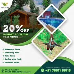 Get 20% off on all packages at Aclat Meadows, Sakleshpur, from Monday to Friday. Enjoy adventure games, the pool, bonfire, and unlimited meals at a great price.