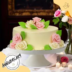 A sweet floral cake to celebrate Mr. and Mrs. Rawat's anniversary in Jor Bagh. The soft buttercream is adorned with beautiful pink and white sugar roses, making it a lovely tribute to their journey.