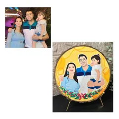 A beautiful family moment captured forever on a slice of mango wood. I worked from their photo to create this stylized family portrait, adding a bright, cheerful background to match their smiles.