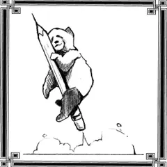 This flash sketch shows a panda character riding a pencil like a rocket ship. It's a playful and imaginative character design, perfect for a quirky and unique tattoo.