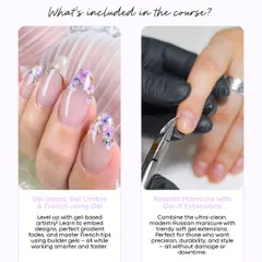 Our course covers advanced gel-based artistry. Learn to embed designs, create perfect ombré fades, and master French tips using builder gels, as shown in this beautiful floral inlay example.