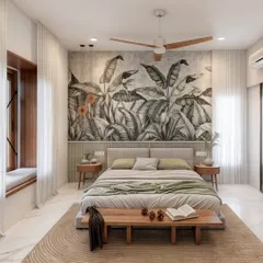 This master bedroom design brings nature indoors with a stunning biophilic mural and earthy tones. My goal is to create personal retreats that are not only stylish but also promote a sense of calm and tranquility, making your bedroom the perfect place to unwind.