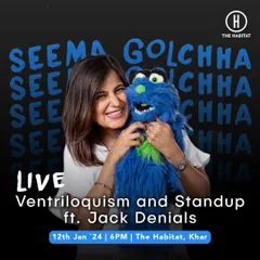My "Live Ventriloquism and Standup ft. Jack Denials" show poster for The Habitat in Mumbai. This branding is typical for my public solo shows.
