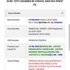 The fight for our stray dogs reached a critical stage with a three-judge bench at the Supreme Court. This is a snapshot of the case details for our PIL, a crucial step in ensuring their right to live.