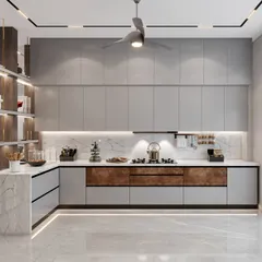 This view highlights the seamless integration of the marble countertop and backsplash. The open decorative shelving adds a touch of personality and provides space for styling, breaking the monotony of the cabinetry.