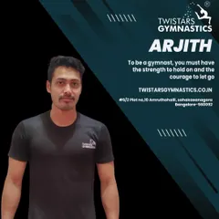 This is our coach Arjith. He teaches our students that to be a gymnast, you must have the strength to hold on and the courage to let go, building both physical and mental toughness.