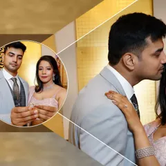 A modern and creative album design for an engagement, using geometric shapes to feature a close-up of the ring exchange and a romantic couple portrait.