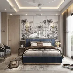 Minimalism meets nature in this bedroom, where a large, monochromatic botanical mural serves as a calming backdrop. The deep blue bed and houndstooth chairs add a touch of classic elegance.
