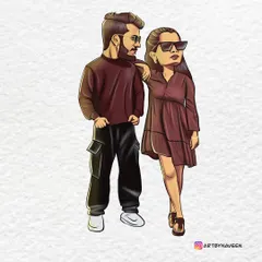 This is an example of a modern couple's portrait, turning a simple photo into a fun, stylized digital caricature. I enjoy playing with poses and expressions to capture the unique vibe of each couple.