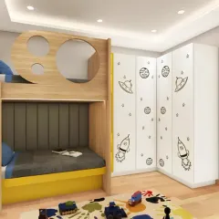 Blast off into dreamland with this outer space-themed bedroom. The design includes a bunk bed with planet-like cutouts and a wardrobe decorated with rockets and stars, sparking curiosity and imagination.
