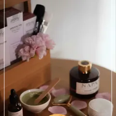 My treatment space is designed for your relaxation. I use only trusted products from brands like Aroma Treasures, alongside tools like jade rollers and freshly prepared mineral masques, to create a personalized and serene spa experience.