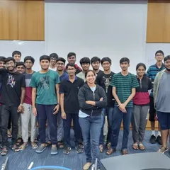 A group photo from our transformative foreign language training program at the International Institute of Information Technology, Bangalore. Our trainer, Ms. Sanmati, stands with a class of students who are building their global communication skills with us.
