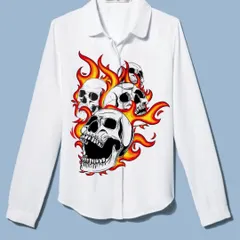 A mockup of the flaming skulls design on a white long-sleeved shirt. This shows how a client can visualize the artwork on a garment before I begin the painting process.