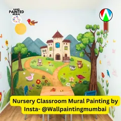 Nursery design mein main castle, trees aur small animals wala colourful wall-art example share karta hoon.