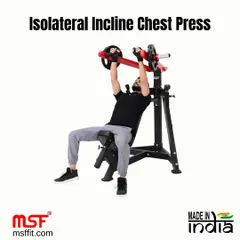 The Isolateral Incline Chest Press in action. This plate-loaded machine allows for independent arm movement, ensuring balanced development of the upper pectoral muscles.