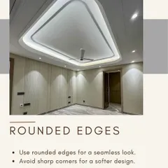 For a softer, more seamless look, I often design ceilings with rounded edges and integrated cove lighting. This approach avoids sharp corners and creates a gentle, flowing ambiance that feels both modern and welcoming.