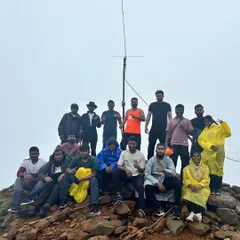A proud group photo at the summit after a challenging monsoon trek. The sense of accomplishment is best when shared.
