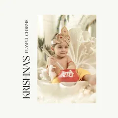 Highlighting the playful charms of little Krishna, this portrait captures the baby's sweet smile and festive attire. The clean design focuses on the joy and innocence of the celebration.