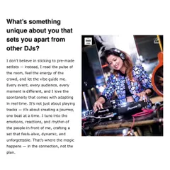 What sets me apart? As I told Loofre, I never use pre-made setlists. I read the pulse of the room and create a unique journey for every audience, every single time.
