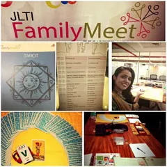 A collage showing my tarot table setup at a JLT Family Meet event. From corporate gatherings to personal sessions, tarot provides a unique way to connect and offer insight.