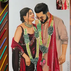 For this A3 size wedding portrait, I used colored pencils to highlight the rich colors of their garments and the festive garlands. It's a piece filled with the happiness of their special day.