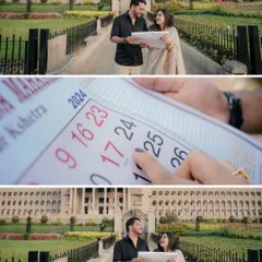 A creative 'Save the Date' concept. The couple marks their special day on a calendar, with the beautiful architecture of Vidhana Soudha gardens creating a timeless and meaningful pre-wedding photograph.