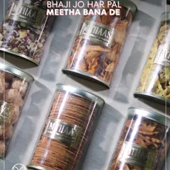 'Bhaji jo har pal meetha bana de'. A close-up of the delicious, high-quality snacks that I include in my Bhaji Boxes, each labeled with our seal of quality.