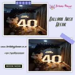 Celebrating the big 4-0 with a sleek black, white, and gold theme. This setup includes large marquee numbers, a "Happy Birthday" neon sign, and a dramatic balloon arch, perfect for a surprise party at home.