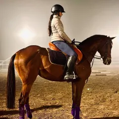 A rider and her horse stand poised in the arena during a foggy evening session. Our floodlit arenas allow for training even after the sun goes down.