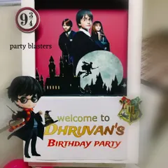 A personalized welcome sign for a Harry Potter party. We use themed graphics, fonts, and character cutouts to greet guests and set the tone from the moment they arrive.