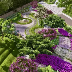 An aerial view of the Kriya Villa landscape, illustrating how we use mass plantings of colorful flowers to create bold, graphic patterns that define spaces and guide the eye.