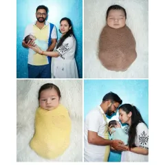 This collage shows the variety we can capture in a single newborn session, from solo portraits of the baby in different wraps to the first official family photos with mom and dad.